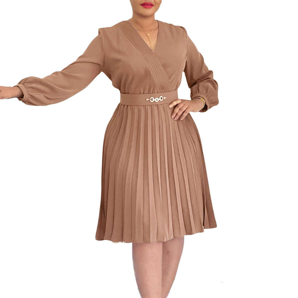 Women's Wear Women's Wear Spring New OL Temperament V-Neck Fashionable Pleated High Waisted Dress
