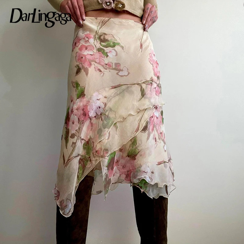 Darlingaga Vintage Floral Printed Asymmetric Hem Skirts Low Waist Slimming Holiday Mesh Summer Skirt Women Fashion Bottoms 250514