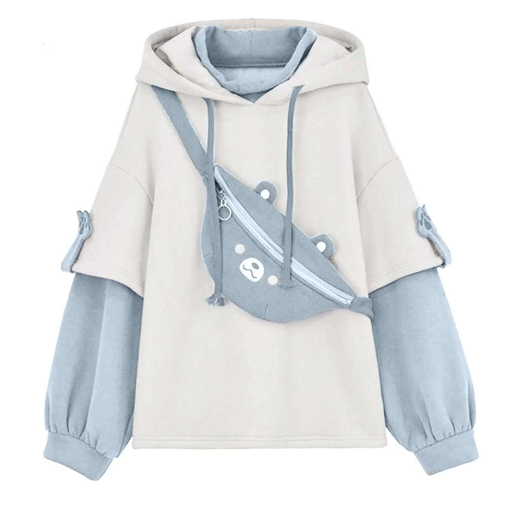 Kawaii Cute Oversize Hoodie With Bear Bag Womens Autumn Patchwork Sweatshirts Pullovers Japanese Streetwear Aesthetic Hoodies Designer