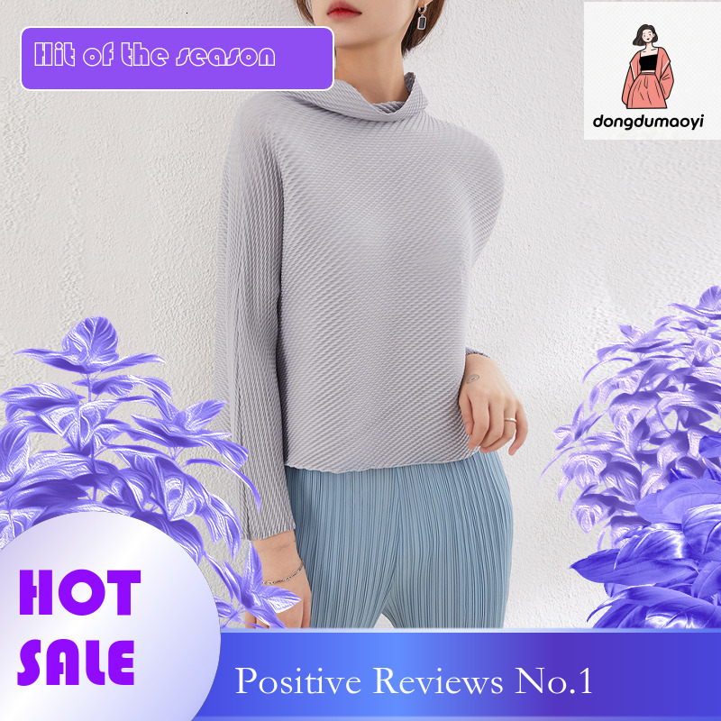 dongdumaoyi Miyake 2023 autumn winter new item slimming and stylish ins semi high neck pleated design solid color long sleeved T-shirt top for women