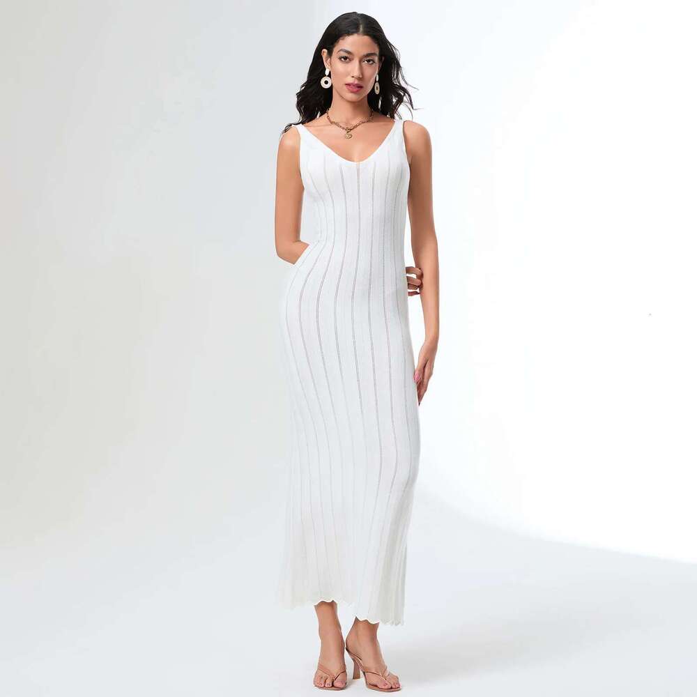 Solid Color Knitted Cami Women Deep V-Neck Sleeveless Backless Long Summer Bodycon Dress