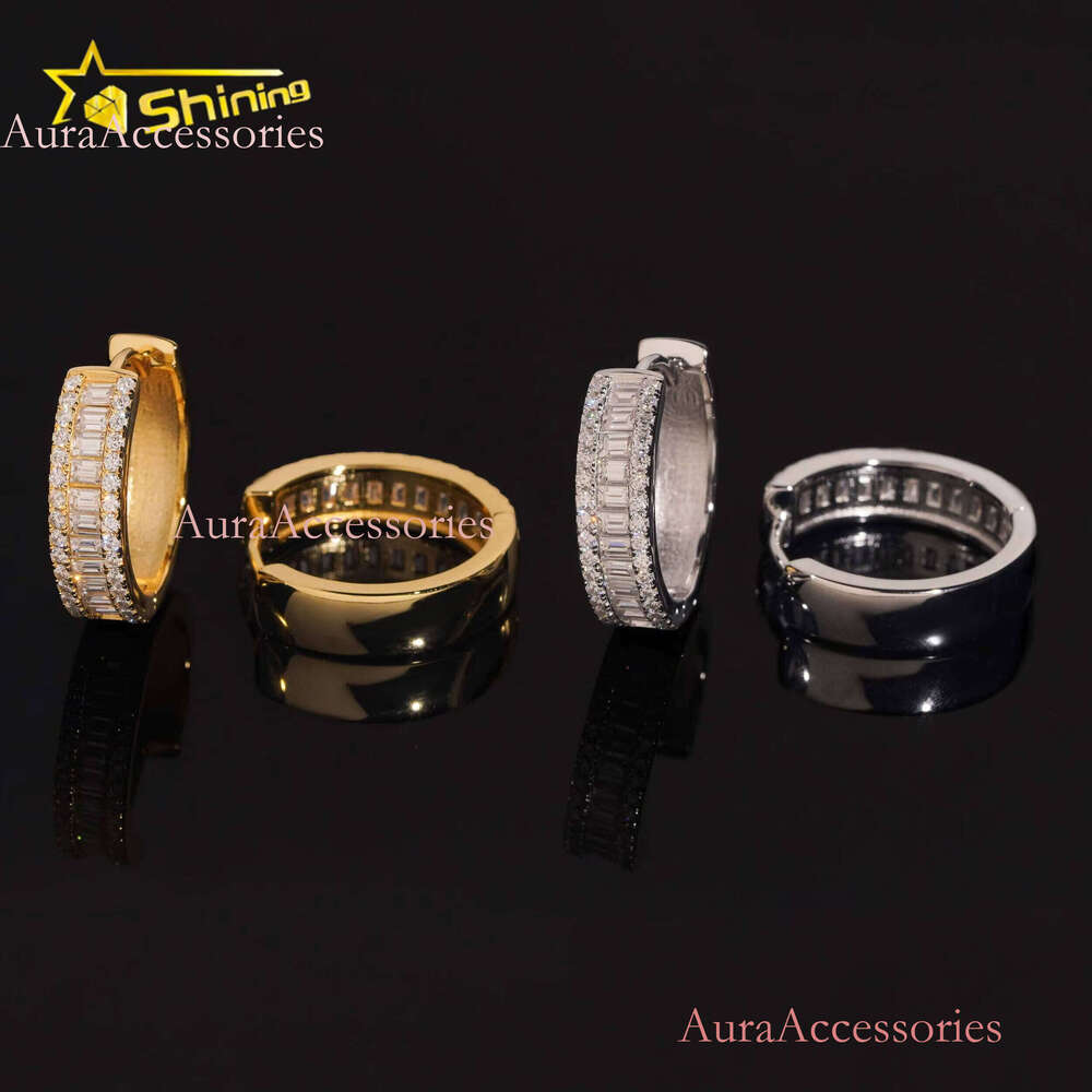 Fine Jewelry Sier Hip Hop Gold Plated Iced Out Baguette Moissanite Dia Hoop Earrings