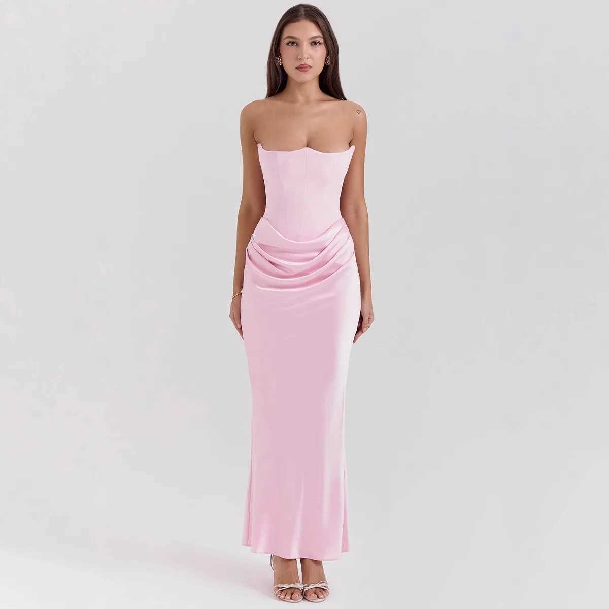 Womens Elegant Satin Strapless Fishtail Dress Flattering Waist Pleats Summer Female Sexy Solid Fish Bone Slim Fit Long DressXJ250514
