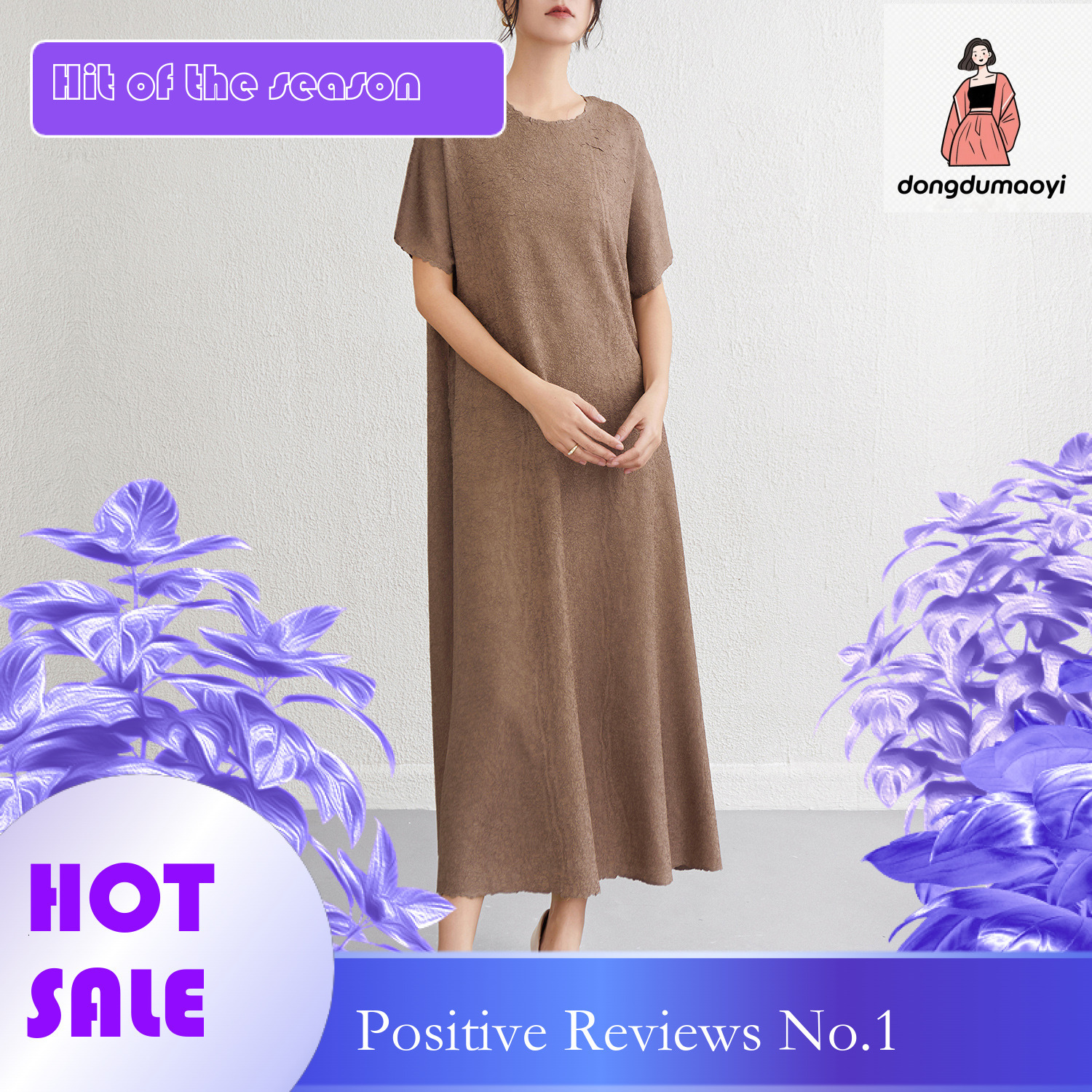 dongdumaoyi Miyake round neck plus size short sleeved A line long for women in summer wearing it outside looking fat and slim simple dress solid color