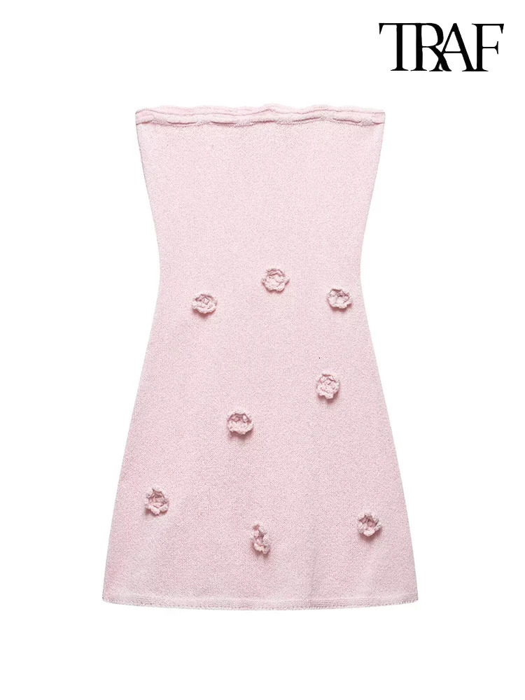 TRAF Womens Fashion Sweet Pink Stereoscopic Flower Embellished Laceup Knit Dress Sexy Slim Sleeveless Sheath Mini 250514