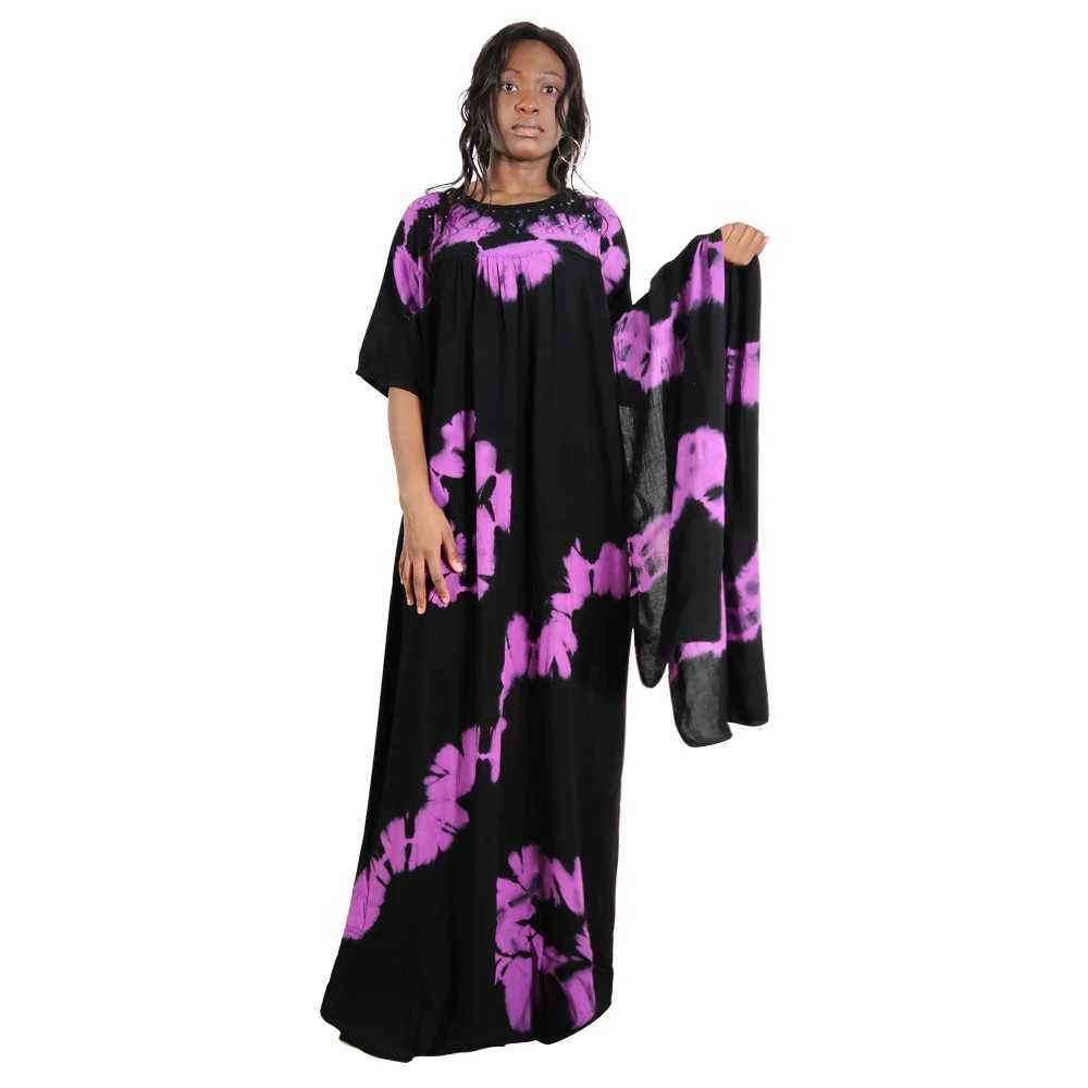 2025 New Summer Pure Cotton Tie-Dye Long Loose Muslim Dress with Scarf Sparkle Embroidery Breathable Comfortable Maxi Abaya X250514