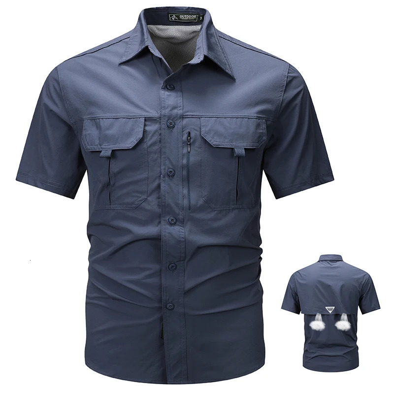 Summer mens short sleeved breathable tactical work shirt top outdoor casual quick drying multi pocket camping cargo 250506Z