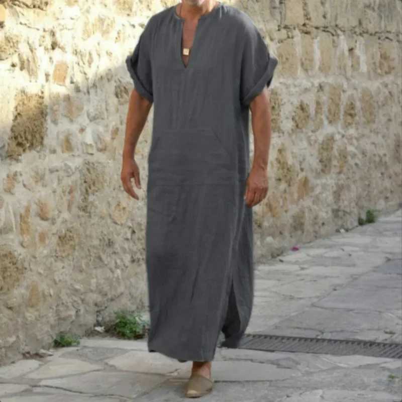 Ew Spring and Summer Models Men Muslim Style Mens Robe Simple Solid All-match Small V-neck Linen Comfortable Short Sleeve Robe X250514
