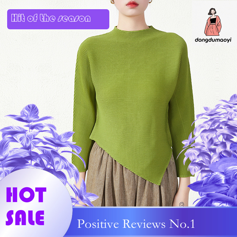 dongdumaoyi Miyake long sleeved t-shirt for women in spring autumn, irregular hem with pleated base, stylish and unique top