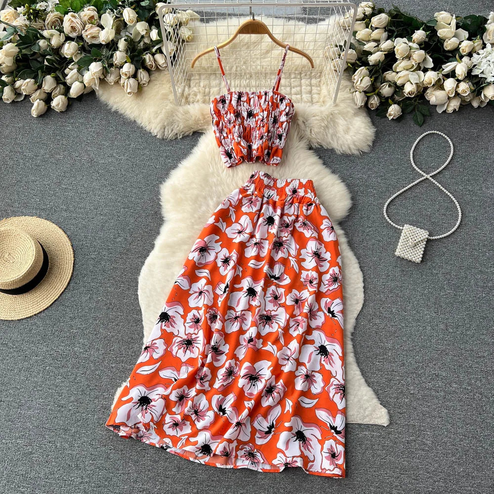 YuooMuoo Women Dress Set Summer Vacation Fashion Floral Print Straps Crop Tops Long Skirts Outfits Beach 2Pcs Suits 250514