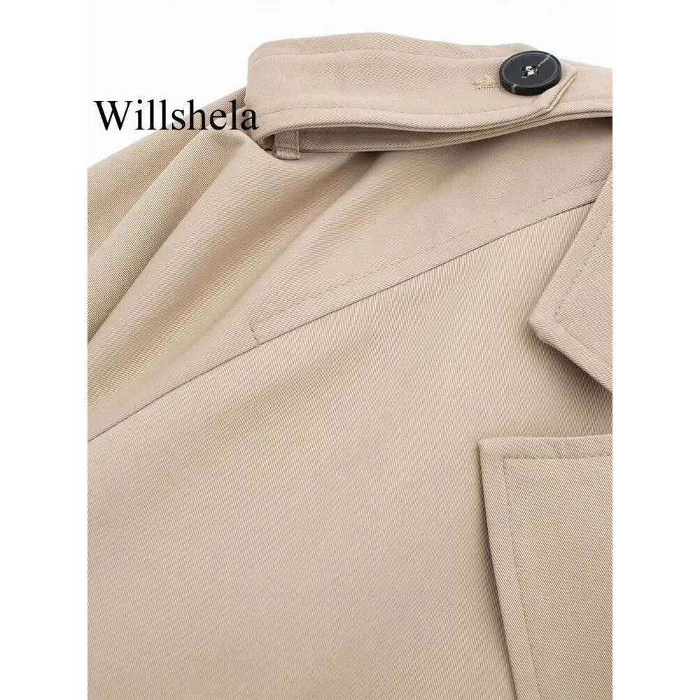 Willshela Women Fashion With Belt Cropped Trench Jacket Vintage Notched Neck Long Sleeve Female Chic Lady Coat Outfits