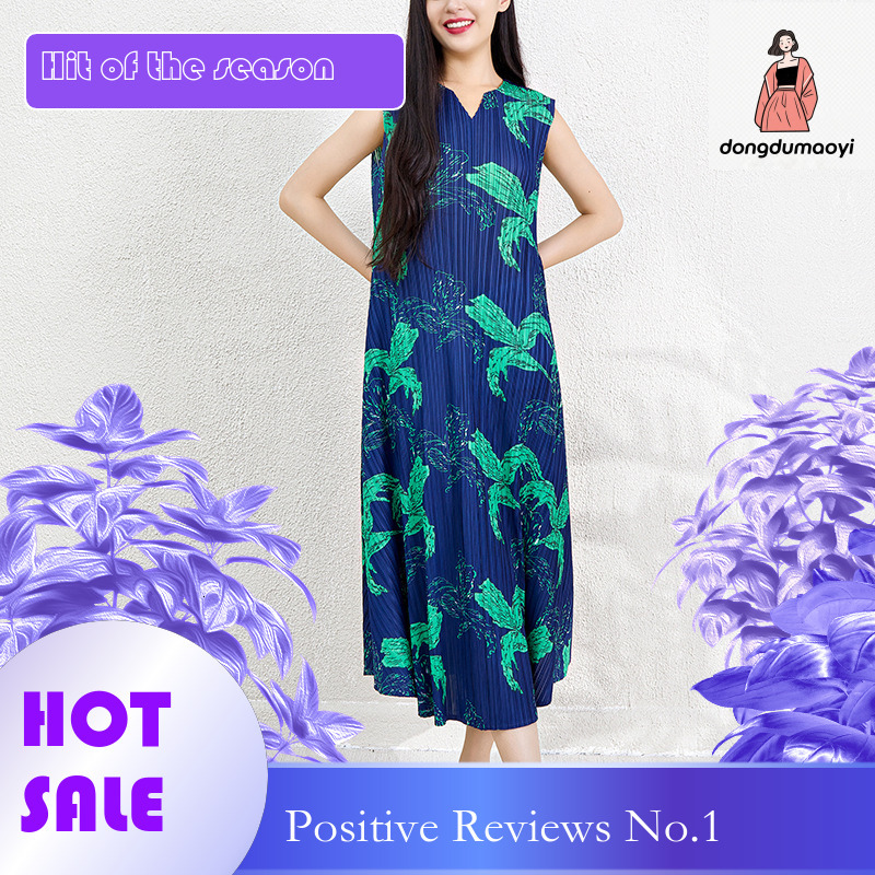 dongdumaoyi Miyake pleated plus size loose dress summer floral print waist cinching slimming A line skirt