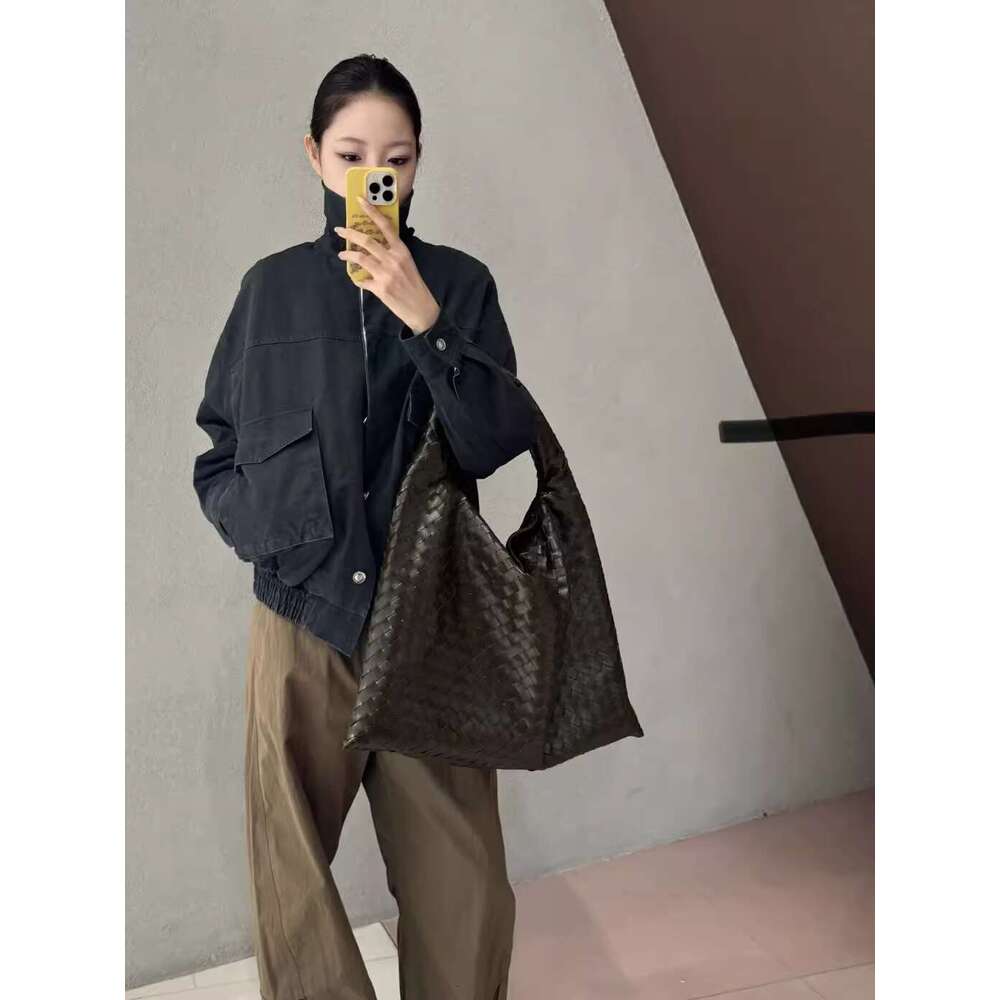 Olive green soft leather new women s large capacity single shoulder tote pure hand woven armpit bag