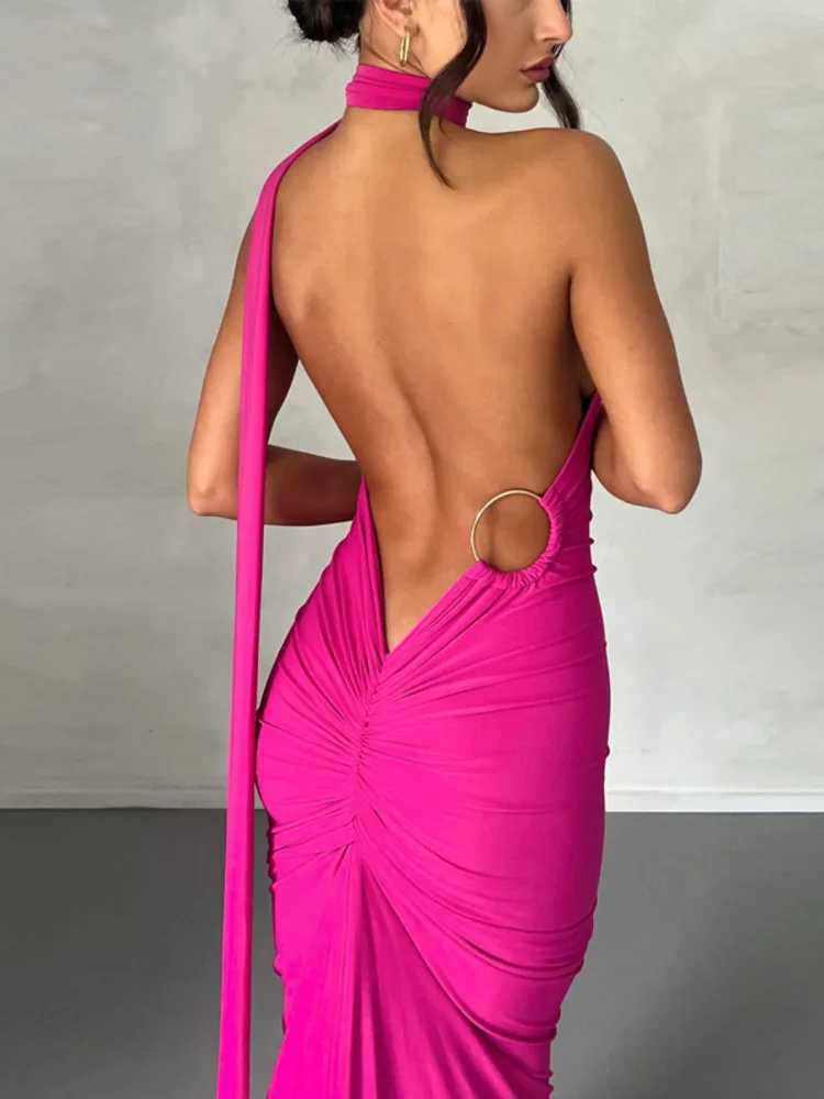 Mozision Oblique Shoulder Backless Maxi Dress For Women Gown Summer Back Strap Sleeveless Ruched Party Sexy Long Dress DressesXJ250514