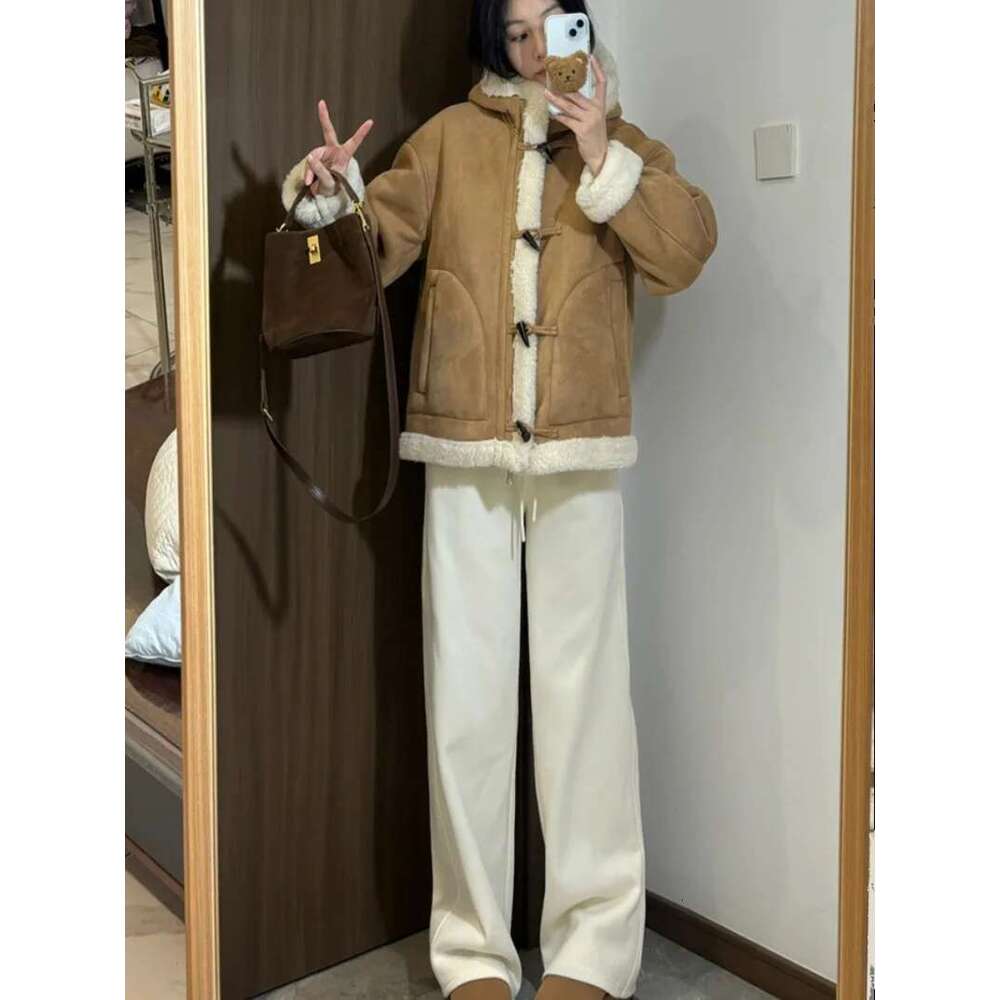 Korean Chic Hooded Lamb Wool Coats Women Horn Button Loose Casual Long Sleeve Jackets Autumn Winter Thick Warm Fur Outwears