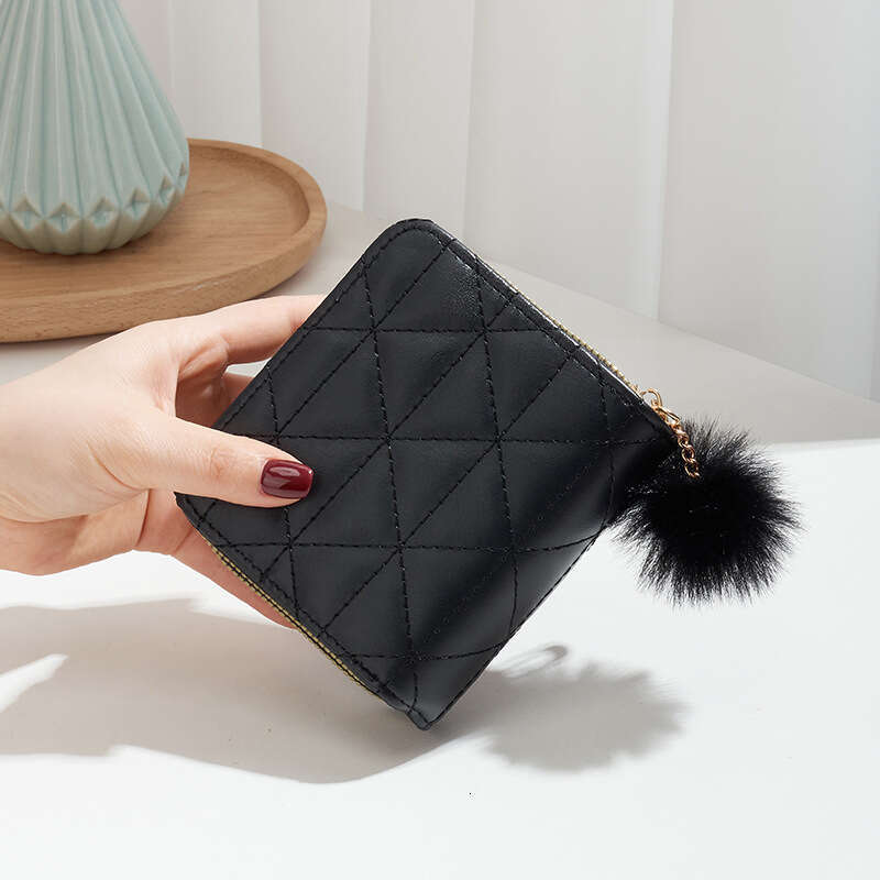 Small Hair Ball Bag New Double-Layer Wallet Dia Grid Texture Iron Label Women's Short Handheld Coin Purse