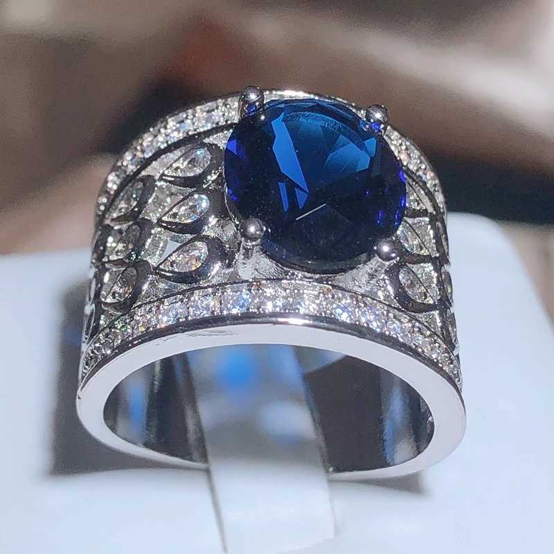 Hollow Blue Zircon Wedding Ring for Women Water Drop Net She Micro-inlaid Simulation Simple Jewelry Full Drill Engagement RingXJ250514