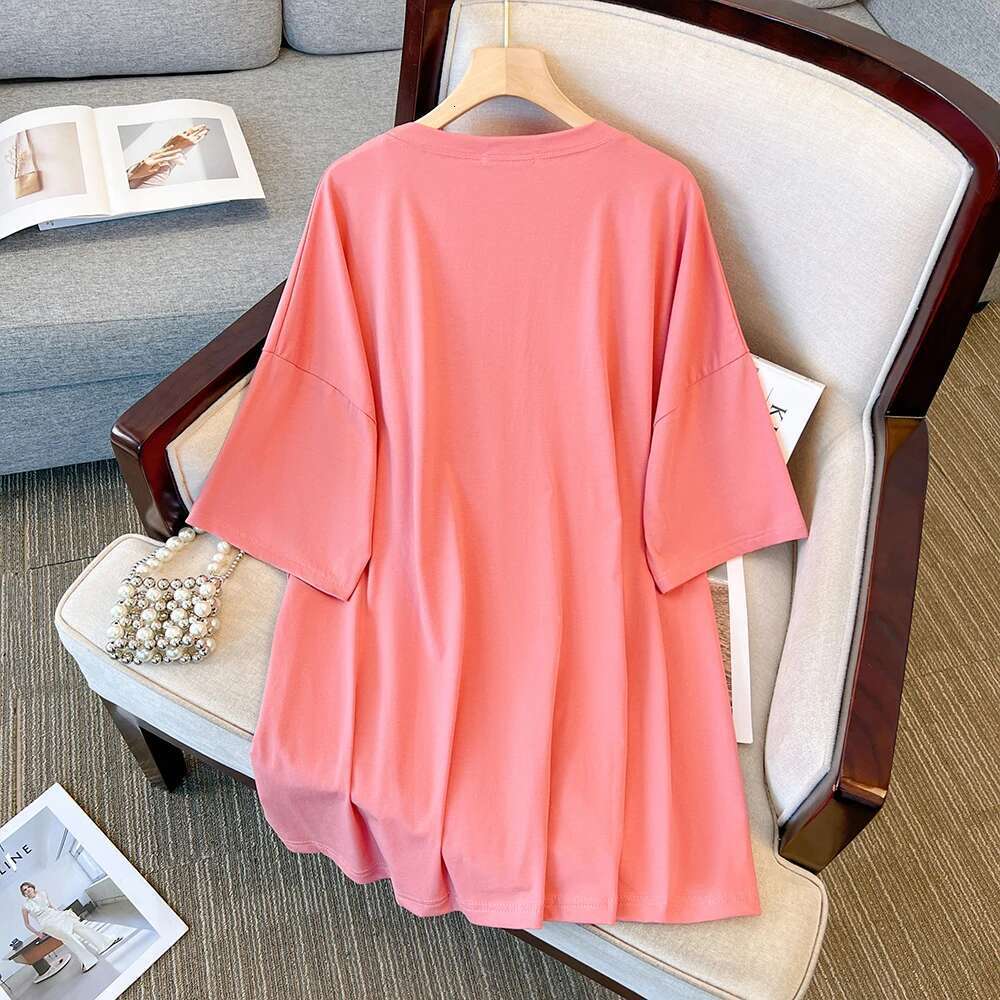 Summer Plus Size Women's Round Neck Letter Printed T Shirt Pink Green Casual Loose Medium Long Short Sleeve Outdoor Street Tops