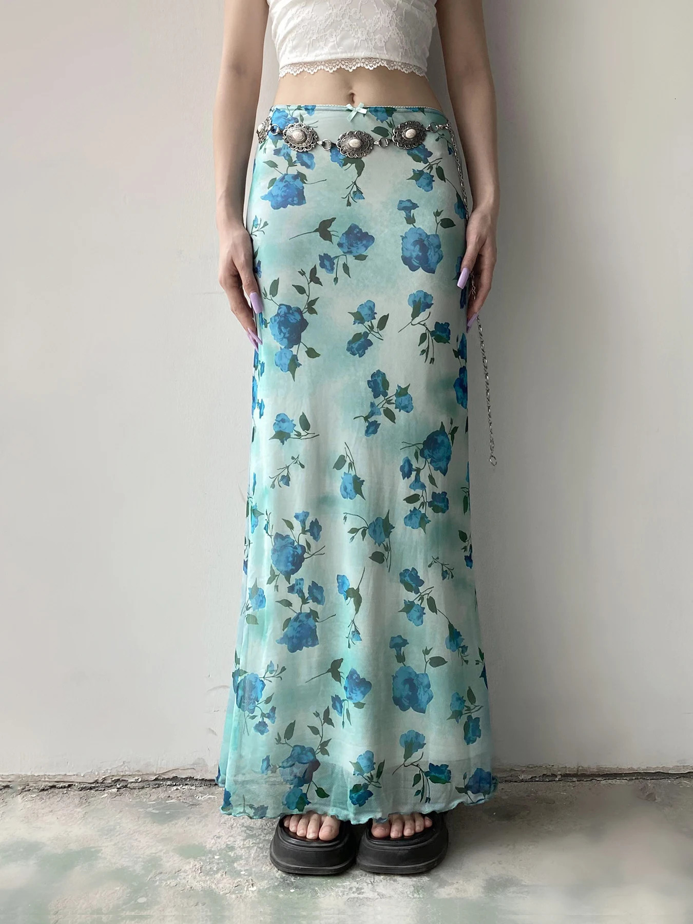 Rockmore Floral Print Bow Front Lettuce Trim Long Mermaid Skirt for Party Holiday Wedding Guest Elegant High Waist Bodycon 250514