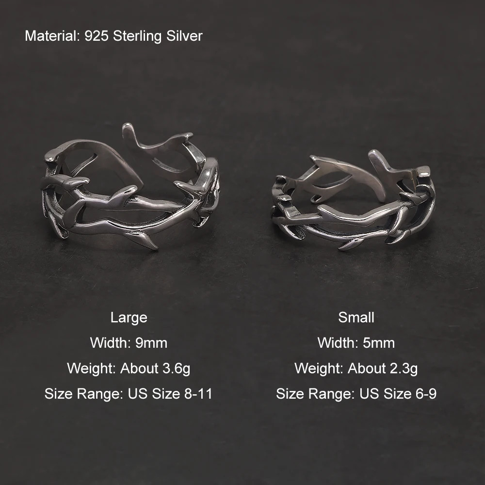 925 Sterling Silver Gothic Thorn Couple Rings for Women Men Punk Retro Cool Spiky Finger Ring Adjustable Hip-hop Y2k Jewelry 250509