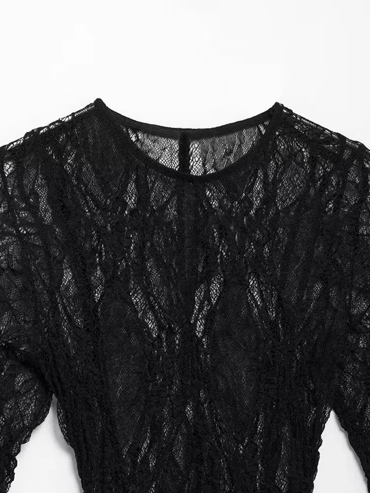 TRZA Womens Sexy Fashion SemiSheer Lace Blouse ONeck Long Sleeve Chic Top Female Shirt 250514