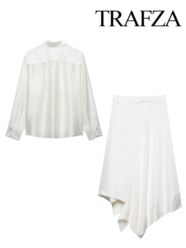 TRAFZA Women Fashion 2 Piece Set Long Sleeves Lapel Button y Pocket Decorate Casual Shirt TopChic Asymmetry Midi Skirt 250514