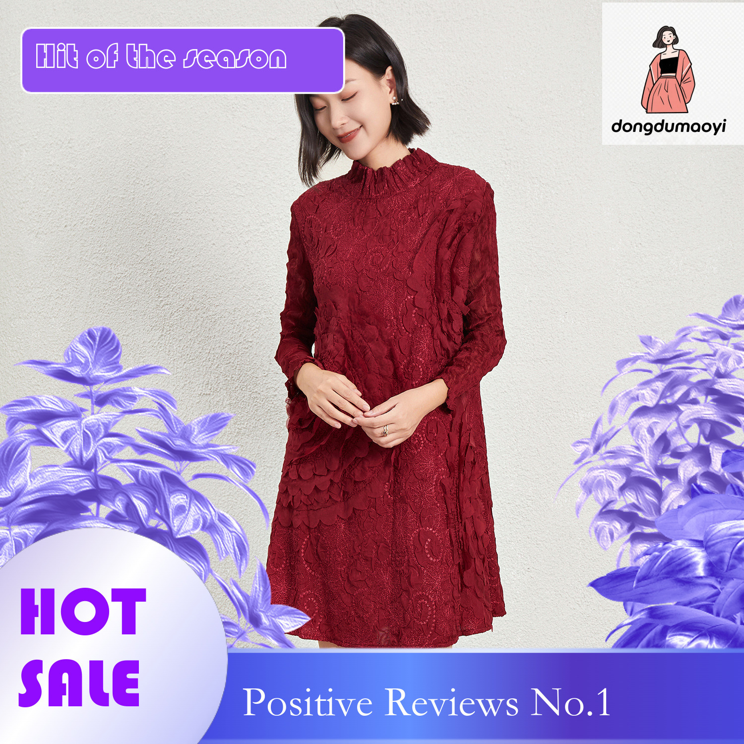 dongdumaoyi Miyake dress early autumn new loose socialite style long sleeved semi high neck mid skirt pullover embroidered large swing