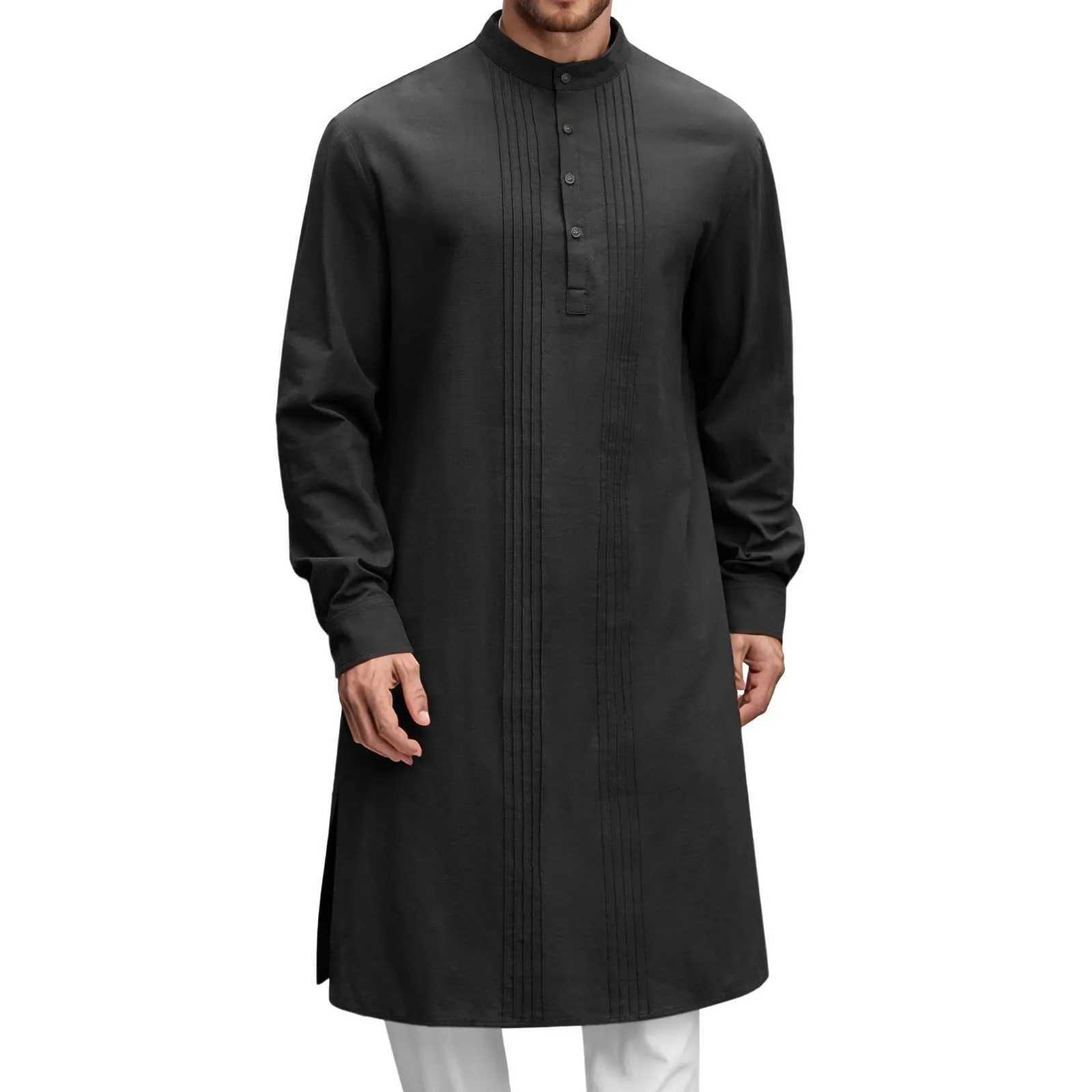 2025 Mens Cotton Linen Shirt Muslim Button Robe Kurtas For Men Muslim Shirt Stand Collar Long Sleeve Islamic Arab Kaftan Robes X250514