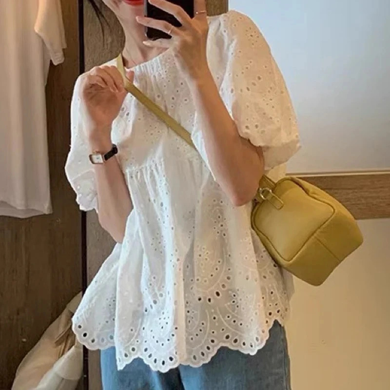 Summer French Style y Hollow Out Shirt White Lace Blouse for Women Short Puff Sleeve Tops Round Collar Clothes 930 250514