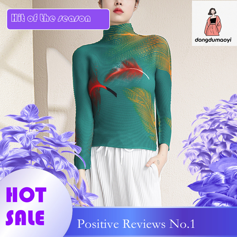 dongdumaoyi Wrinkled long sleeved t-shirt for women, 2023 autumn three bedroom new style, semi high neck, elastic slim fit printed bottom shirt top