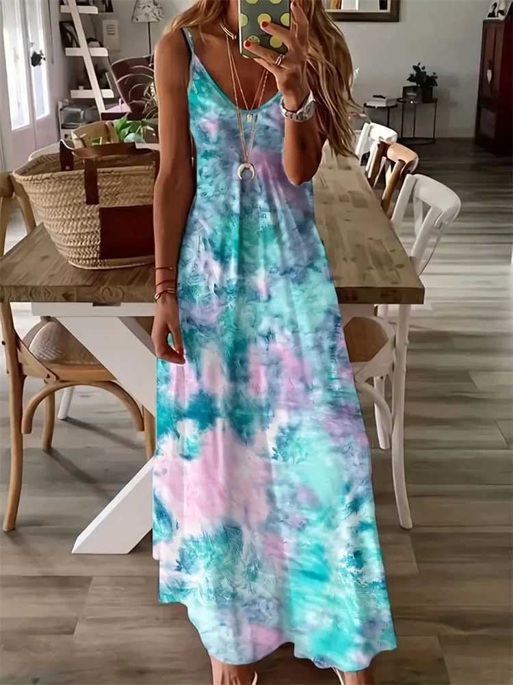 New Summer Sleeveless Halter Dresses Women Sexy Spaghetti Straps Tie-Dye Printed Dresses 2024 Hawaii Vacation Beach Long DressesXJ250514