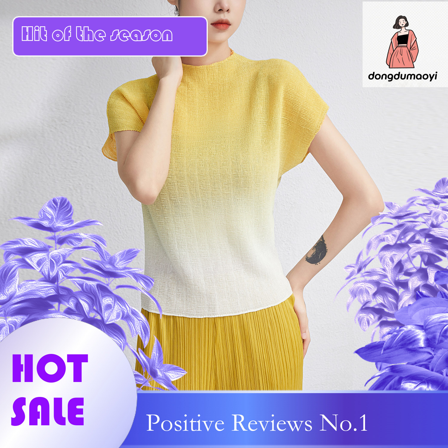 dongdumaoyi Large size loose chiffon top for women 2024 summer three house style pleated gradient color semi high neck short sleeved T-shirt