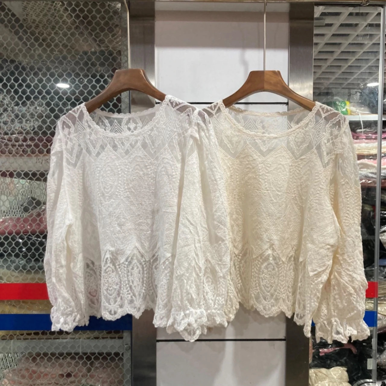 REALEFT Spring Summer Hollow Out Lace Crochet Womens Blouses Solid Long Sleeve Oneck Casual Shirts Top for 250514