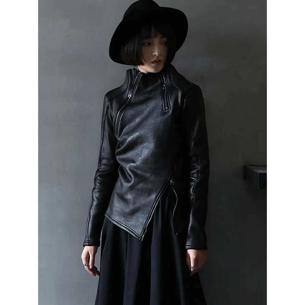 Dark Style Irregular Stand Collar Diagonal Zipper Faux Leather Sweatshirt Female Cool Black Gothic Jacket Fleece Lining Pullover Designer