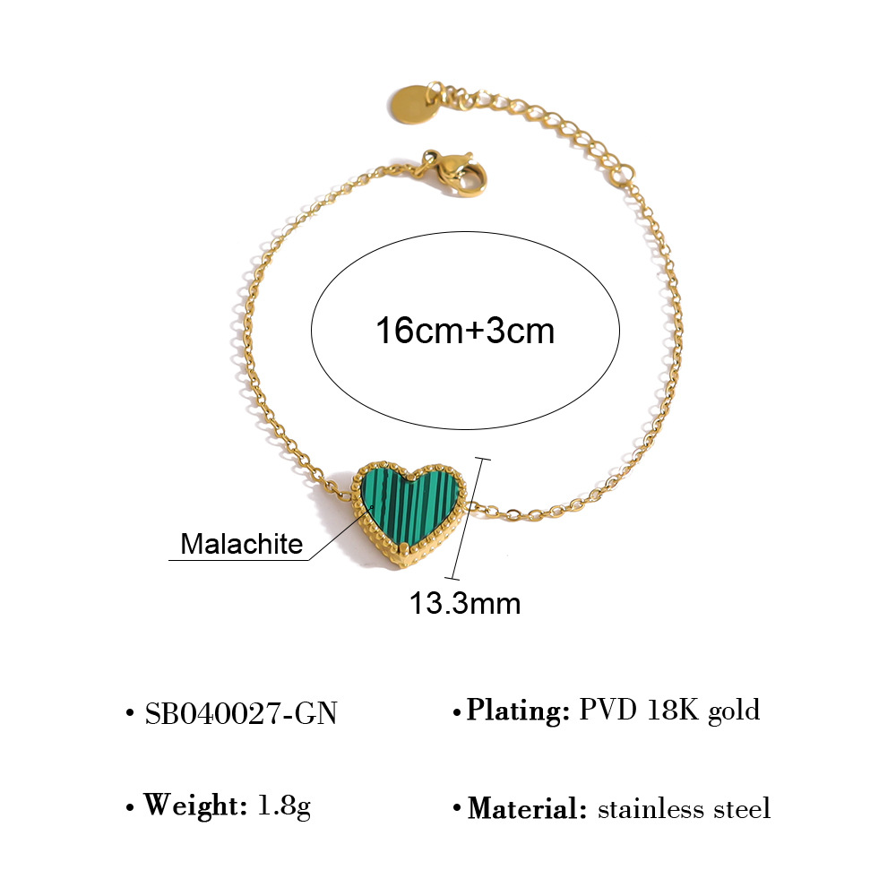 Minimalist Double-Sided Heart Necklace Set with Green Malachite, French Vintage Style, 18K Gold Plated Titanium Steel Jewelry for Women