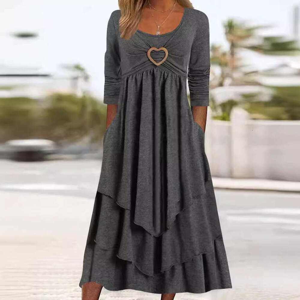 Women Clothes Dress Spring And Autumn New Solid Color Waistband Love Decoration By Layer Cake Hem Casual Dress KQ