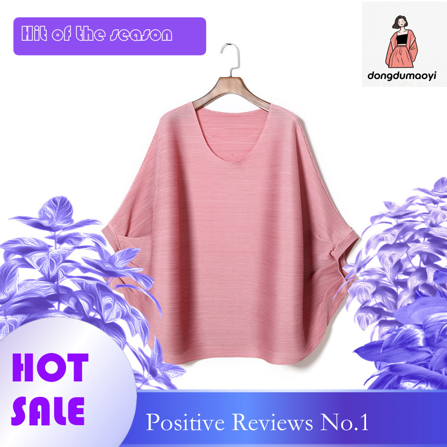 dongdumaoyi Miyake plus bat top for women, new round neck loose design, pleated nine quarter sleeve T-shirt
