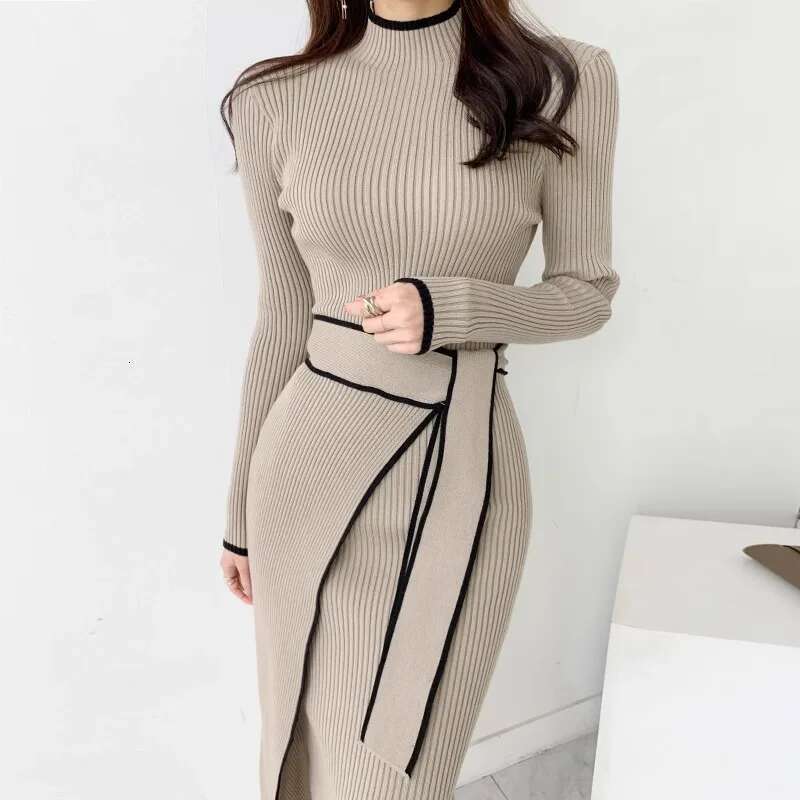 YuooMuoo Elegant Lace Up Turtleneck Knitted Long Korean Fashion Khaki Black Rib Bandage Bodycon Sweater Dress Robe Femme
