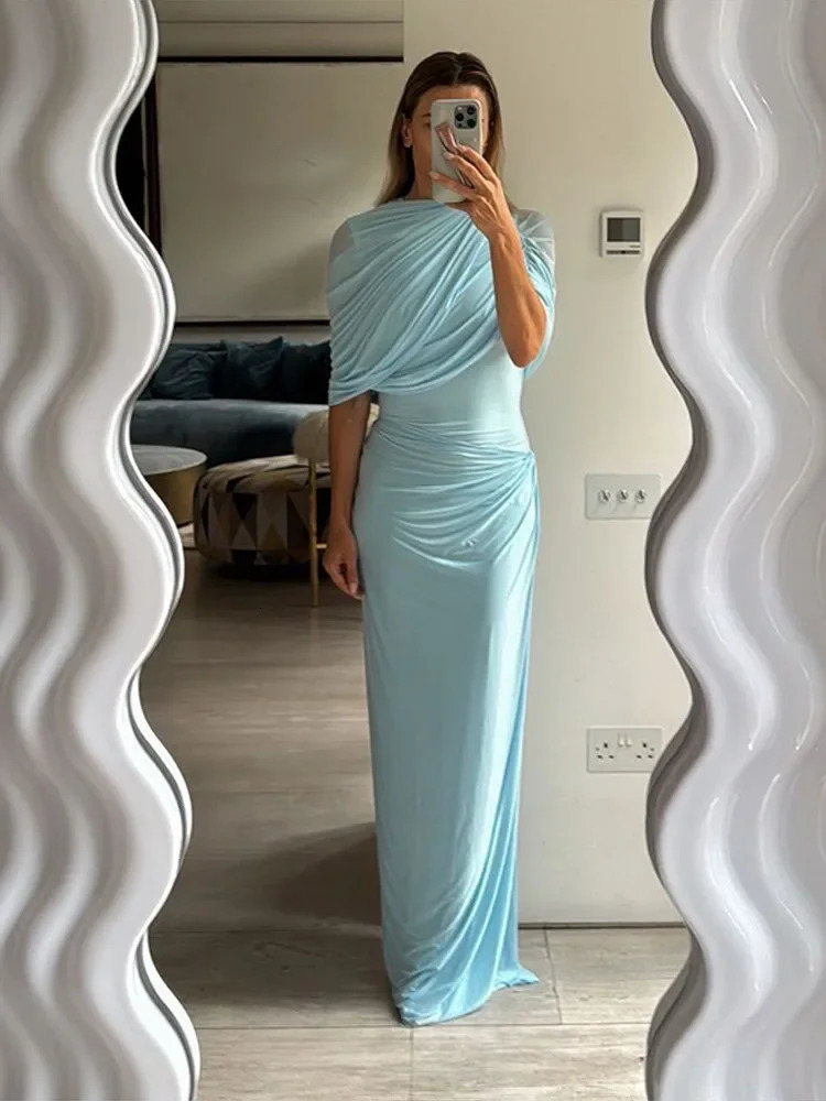 Blue Pleated Shawl Maxi Dress Women Elegant Short Sleeve Slim Fit Evening Party Robe Spring Summer Chic Solid Vestidos 250514