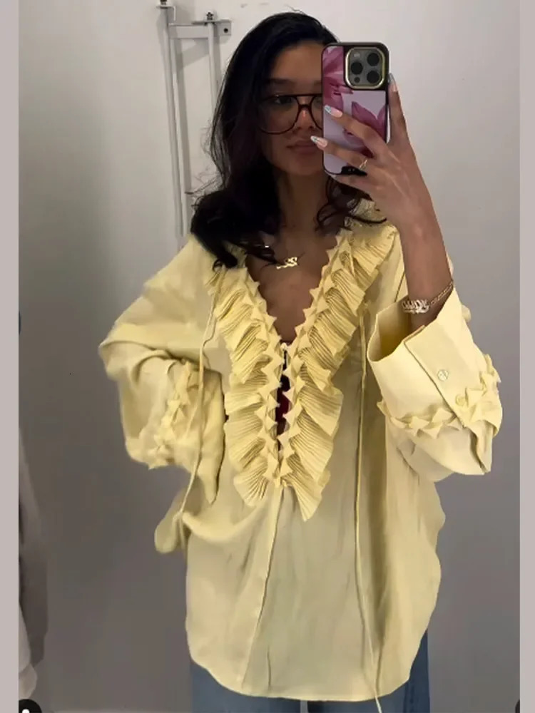 Ruffles Full Sleeve Chiffon Solid Shirt Women Casual Loose V Neck Yellow High Street Blouses 2025 Spring Summer Holiday Tops 250513