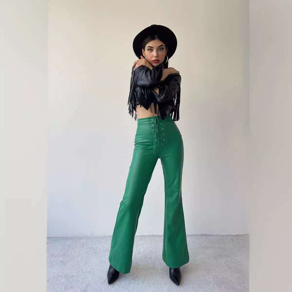 Women Pants 2025 Autumn Winter Fashionable and Sexy High Waisted Flared Leather Pants Womens Pants Hot Style Solid Color Printing All-match Model