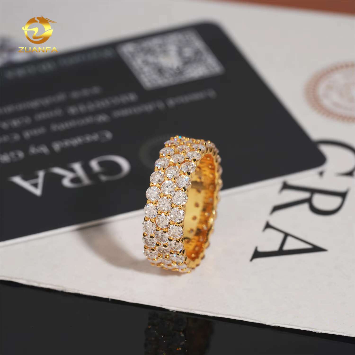 Hot Sale 3rows Moissnaite Gold Pated Sterling Silver 925 Hip Hop Band Mens Rings Fine Jewelry