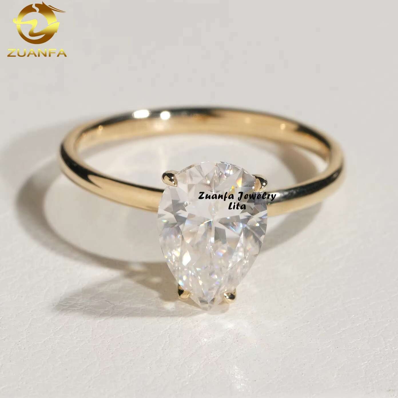 Fashion Jewelry 14k Solid Gold Engagement Wedding Rings Pear Cut 2ct Prong Setting Moissanite Ring for Women