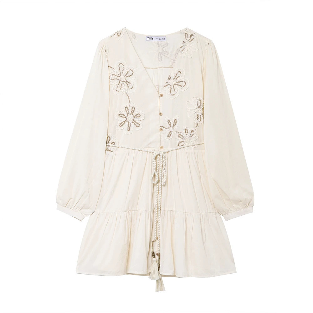 Sweet V Neck Long Sleeves Floral y n Bow Lace Up Single Breasted Splicing Wide Skirt Edge Women Mini Dress ZATT 250514