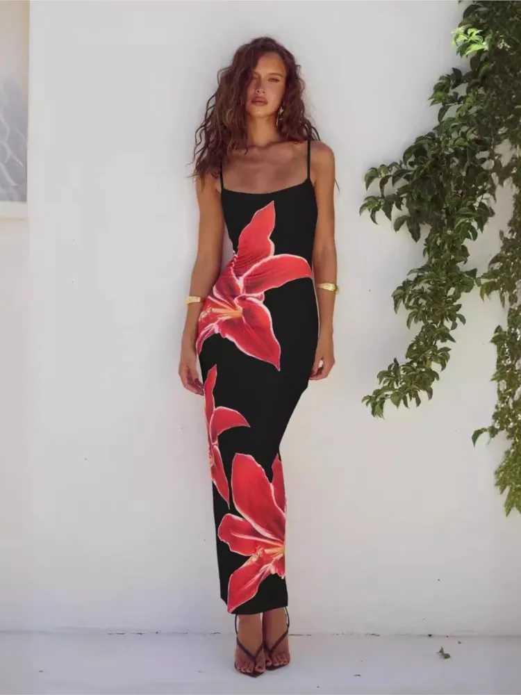 Flower Print Slim Spaghetti Strap Dresses Women Sexy Package Hip Bodycon Trendy Ladies Party Club Long Dress Fashion StreetwearXJ250514