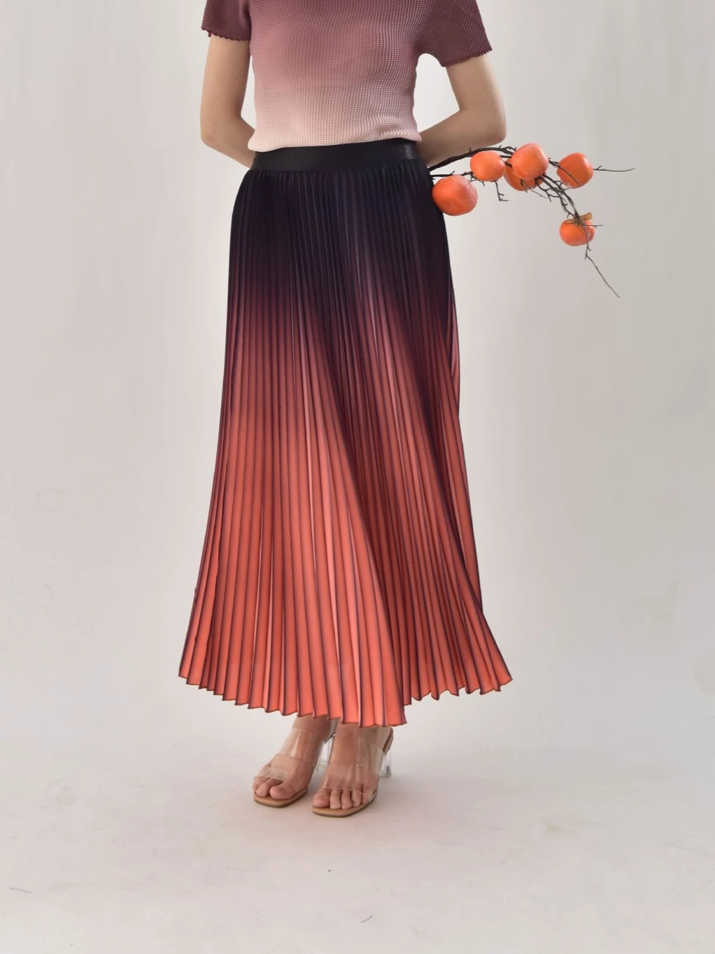 Women Gradient Pleated Midi Skirt Summer HIgh Street Clothes Elegant 250514