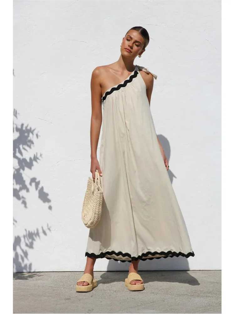 Solid Color Casual Dress For Lady 2025 Summer New French With Sloping Shoulders Lace Up Temperament Vacation Style On DressesXJ250514