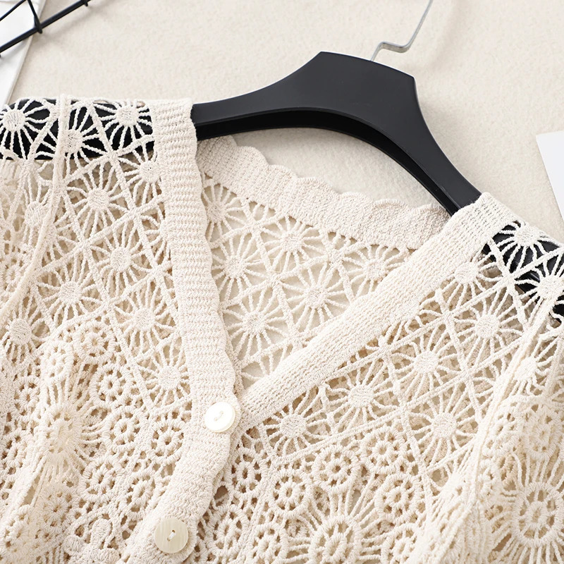 Boho Crochet Knit Top Short Sleeve Buttonup Sheer Openwork Blouse Women Teengirl Summer Fairycore Vacation Outfit 250514