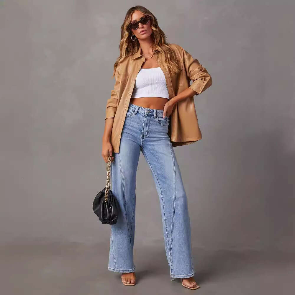 25 Year New Comfortable and Casual Loose Fitting Wide Leg Womens Jeans for Women -32149 Discount in Limited Time Leisure and Leisure Printing Solid Co