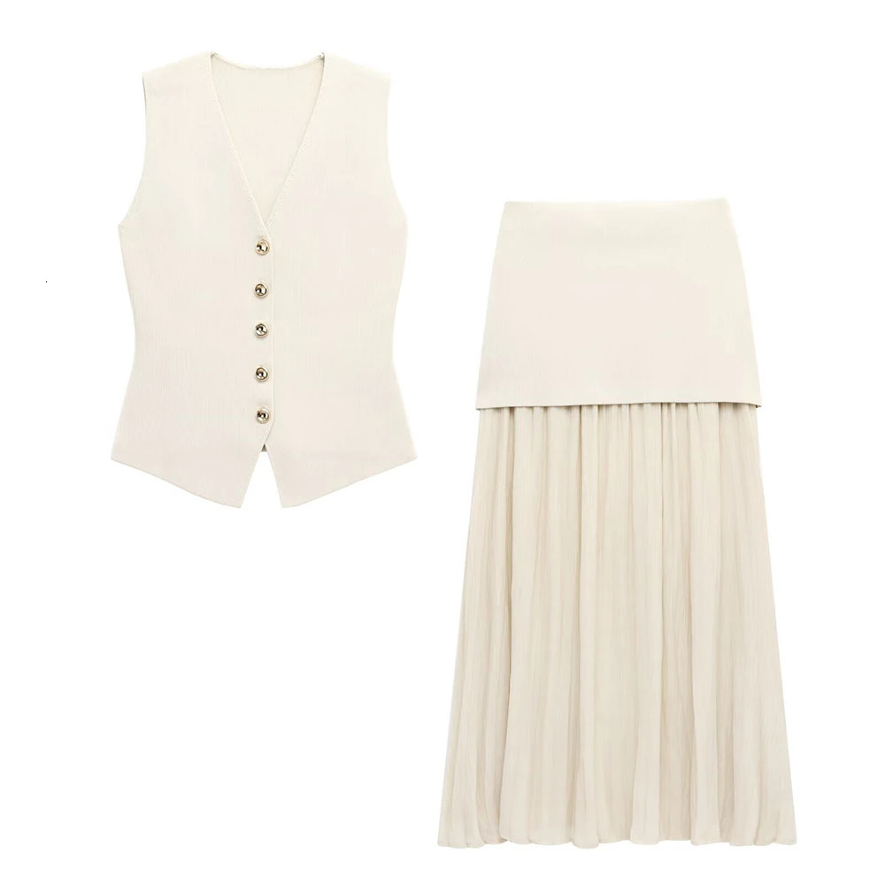 SpringSummer Womens Fashion Buckle Knitted Tank Top Long Skirt Set Metal VestKnitted Small Folded Splicing With 250514